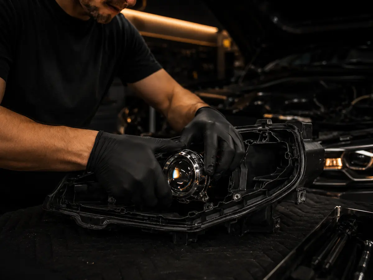 Technician fitting an LED headlight projector
