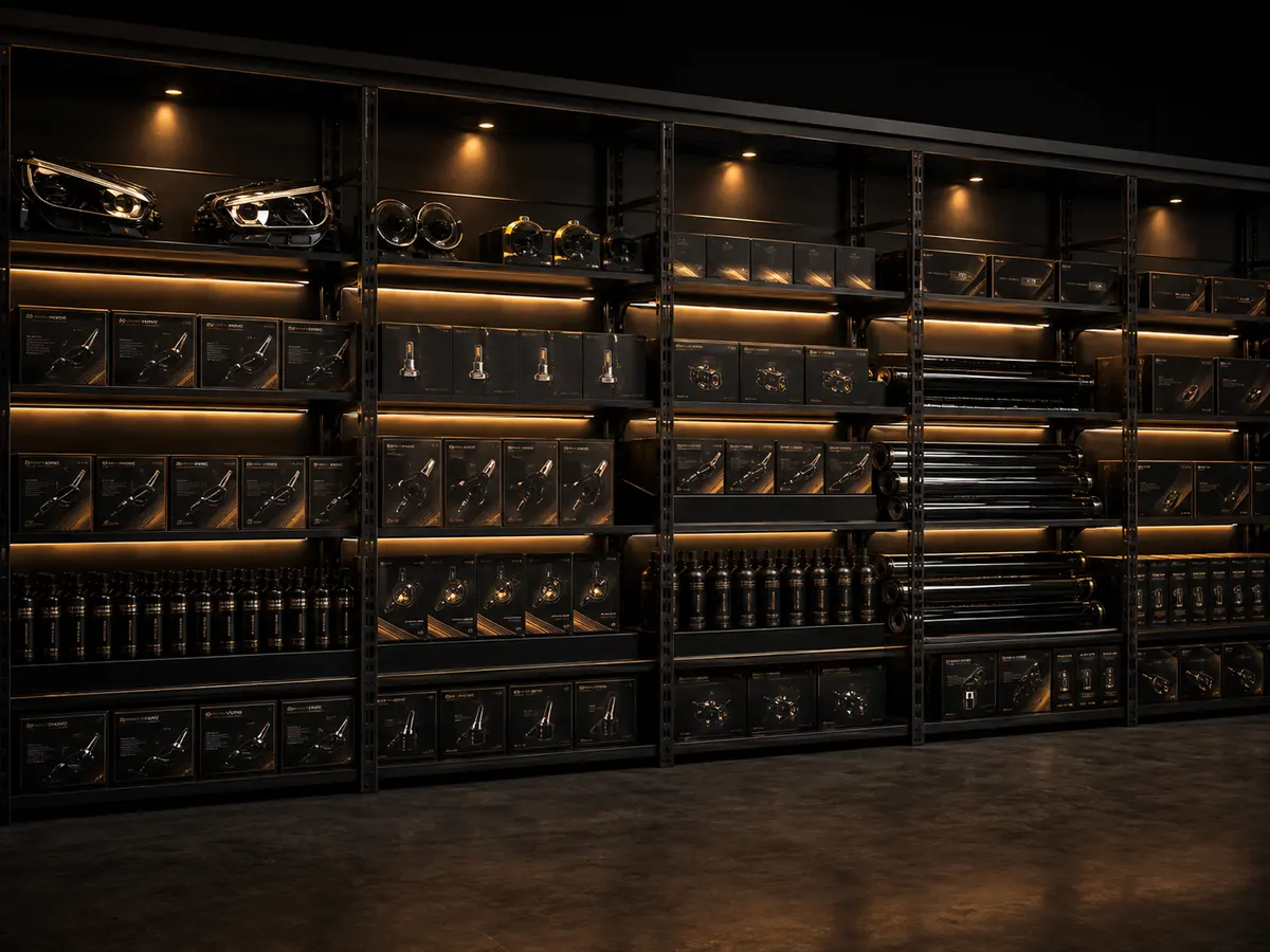 Organised shelves of car accessories and lighting stock